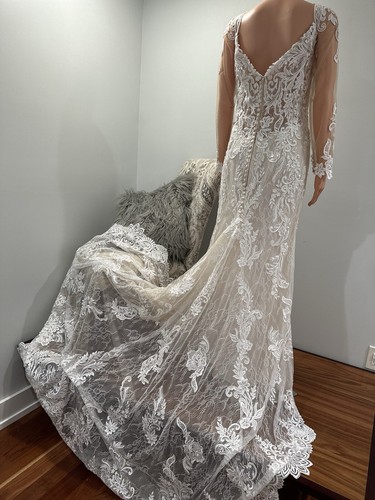 Morilee Wedding Dress Lace Nude A-Line Elegant Sz 12 Long Sleeve Buttons - Picture 12 of 15