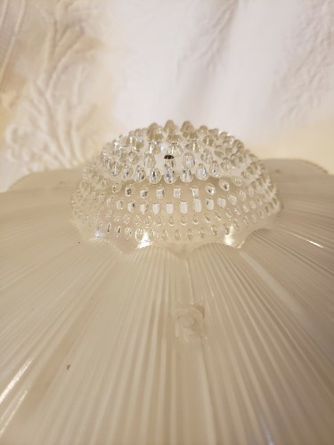 Vintage Decken Hänge Leuchte 3 Ketten Kunst Glas Schirm Blume matt klar abgeplatzt - Bild 3 von 5