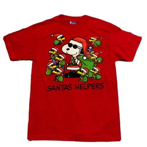 Vintage Peanut Snoopy Joe Cool Felt Graphic Tee Size M Red UFS Christmas Shirt