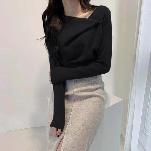 Mujeres Coreana Moda Mangas Largas Tejido Cuello Asimétrico Suéter Pullover Prendas para el torso - Imagen 4 de 16