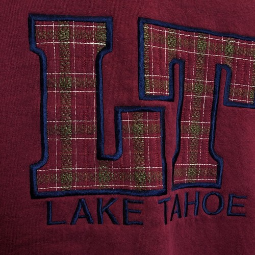 Vintage Lake Tahoe Crewneck Sweatshirt L Red Maroon Plaid Pullover Embroidered - Picture 2 of 10
