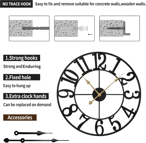 Large 24 Inch Silent Non-Ticking Wall Clock - Battery Operated, Metal Vintage Re - Picture 7 of 7