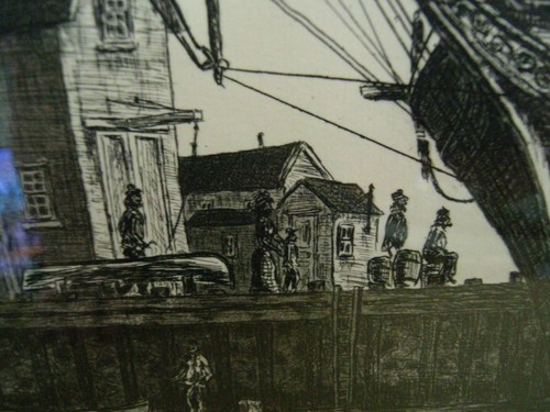 Kunstzeichnung mit Schiff & Dock - Segelmotiv - nummeriert & signiert - gerahmt mit Glas - Bild 6 von 15