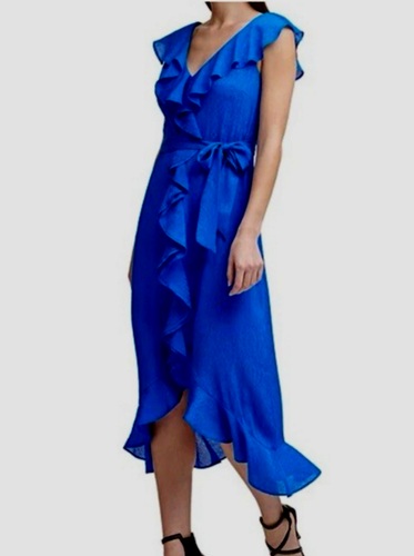 DNKY sleeveless cascade ruffle faux wrap Midi 10 Shimmer Light Summer v neck