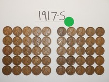1917-S CENT ROLL SOLID DATE = 50 LINCOLN WHEAT PENNIES (8+ ITEMS SHIP FOR FREE)