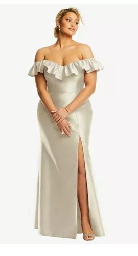 Alfred Sung Off-the-Shoulder Ruffle Neck Satin Trumpet Gown in Champagne 16 NWT - Picture 3 of 9