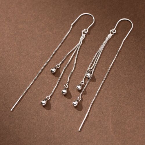 925 Sterling Silver Pear Drop Tassel Threader Dangle Drop Earrings Long Chain - Picture 3 of 6
