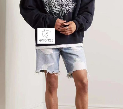 GOTOFREE 25SS DENIM DISTRESSED SHORTS VINTAGE INDIAN BROKEN SUMMER SHORTS BLUE - Picture 8 of 11