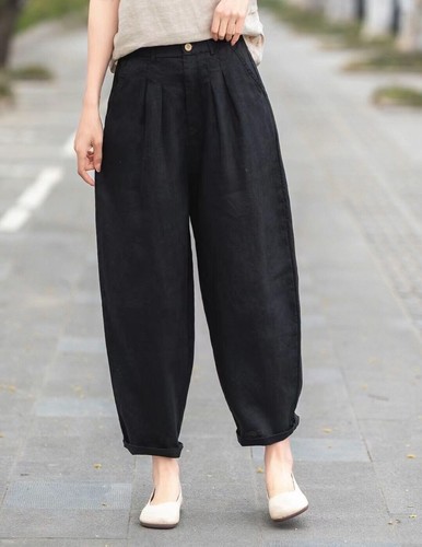 100% Linen Casual Trousers Womens Summer Semi Elastic Waist Loose Harem Pants Sz - Picture 19 of 27