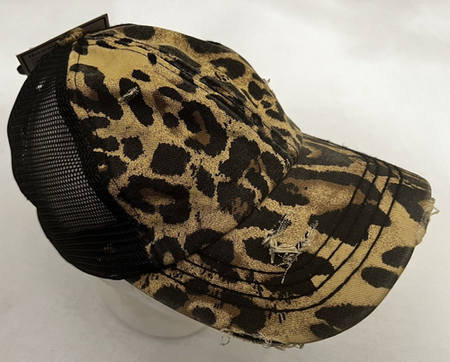 C.C Women's Criss Cross Distressed Ponytail Messy Bun Baseball Cap Leopard/Black - Picture 6 of 10