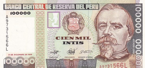 Peru, 100.000 ( 100000 ) Intis, 1989, UNC, P145, Seriennummer: A9731566L - Bild 1 von 2
