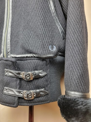 Fred Perry 70% Wool Black Coat Bomber Jacket Buckle & Faux Leather Trim UK10 VTG - Picture 7 of 21