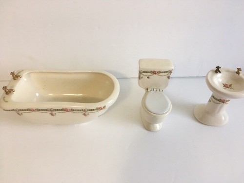 Miniature Dollhouse Bathroom Ceramic 3 Piece Bath Set VTG Tub Sink Toilet Flower - Picture 8 of 8