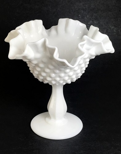 Vintage Fenton Milk Glass Hobnail Crimped Ruffled Footed Compote Candy Dish 6”  - Picture 1 of 5