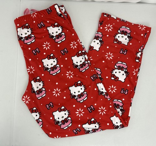 Hello Kitty Christmas Pajama Pants M Red with Pink Dress Snowflakes & Candy Cane - Afbeelding 1 van 9