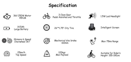 TTGO YY-26ST 26 Zoll Elektrofahrrad 36V 14.5Ah City coummuter eBike 7-Speed 75KM - Bild 18 von 18