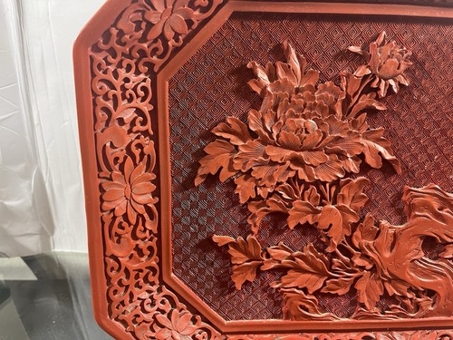 Vintage Chinese Floral Mid Century Modern 14 1/2" Cinnabar Lacquer Tray - Picture 7 of 10
