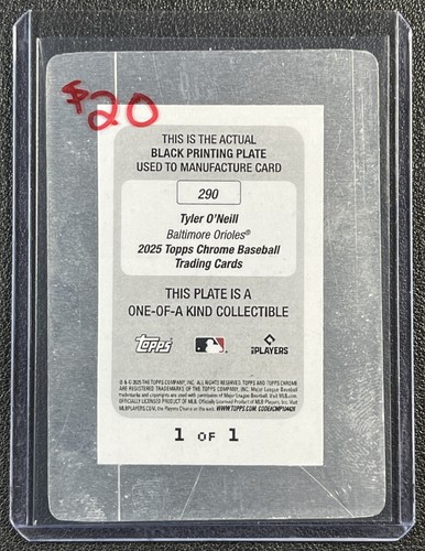 TYLER O'NEILL 2025 TOPPS CHROME BASEBALL #290 BLACK PRINTING PLATE 1/1 ORIOLES - Afbeelding 2 van 2