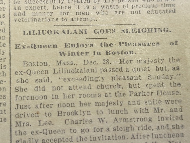 DEC 29, 1896 NEWSPAPER PAGE #2850- EX-QUEEN LILUOKALANI GOES SLEIGHING IN BOSTON