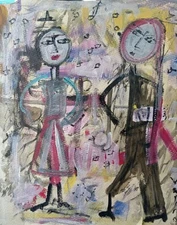  ABSTRACT FIGURATIVE  STICK FIGURE CONTEMPORARY ORIGINAL WATER COLOR PAINTING