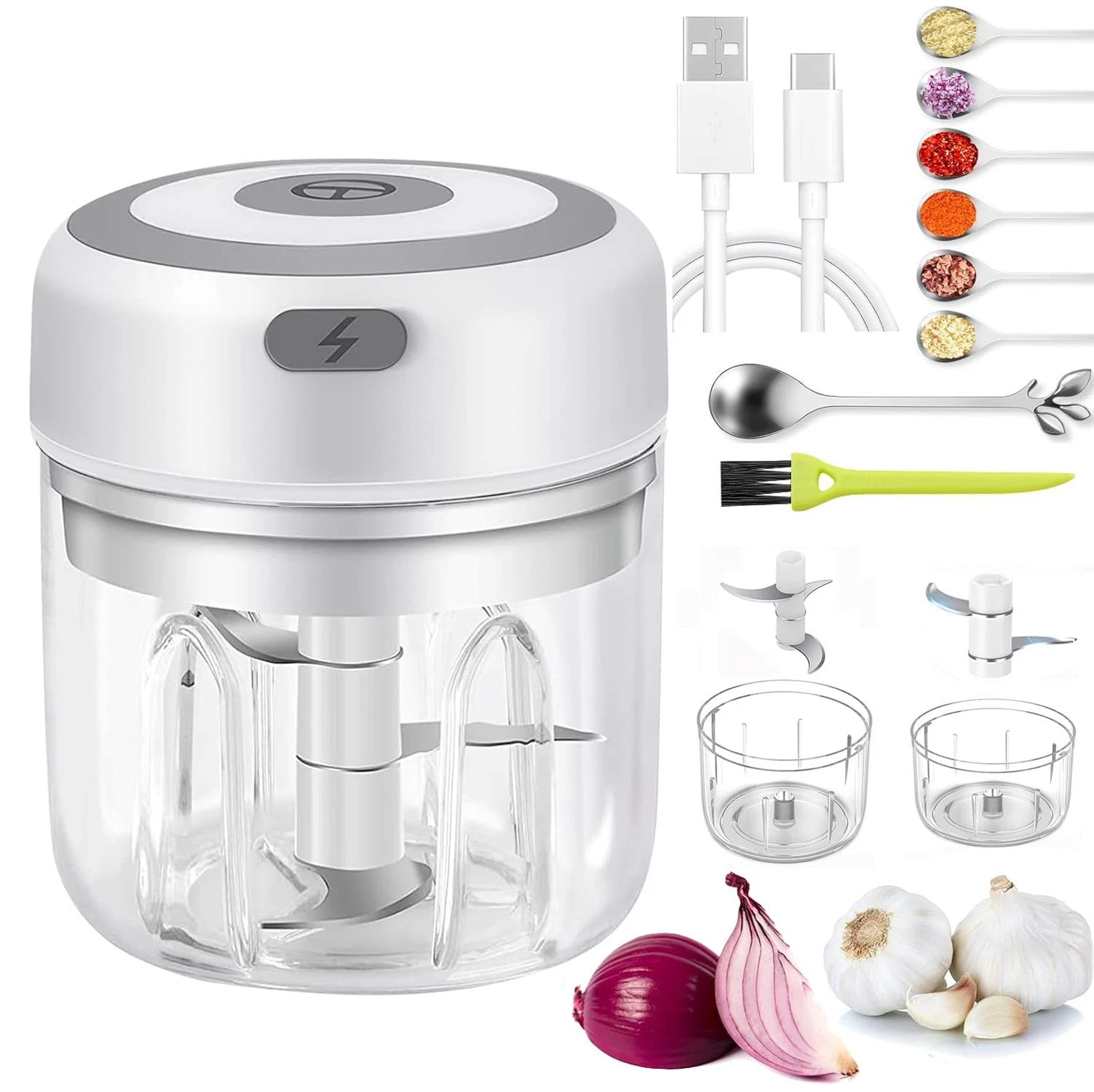 Electric Mini Garlic Chopper & Food Processor with Spoon & Brush - 2 Cup Port...