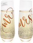 Mr & Mrs Champagne Flutes Set of 2-10 Oz, 6 In, Clear Stemless Glass - Bridal Sh