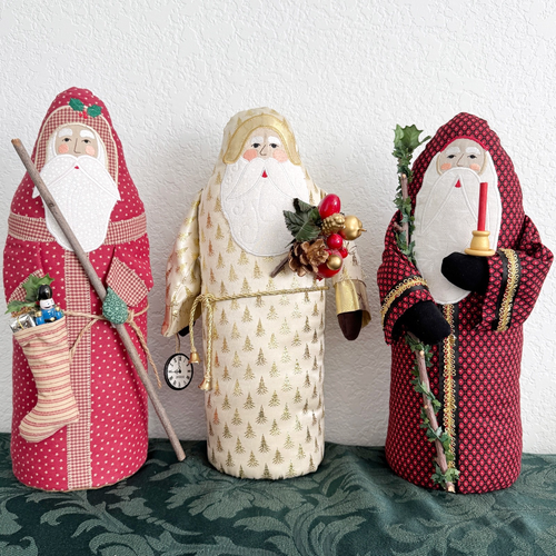 VTG Quilted Santa Claus Stuffed Figurines Soft Body Stunning Handmade Santa 3Lot - Picture 1 of 16