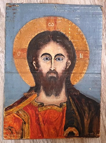 Vintage religious portrait gouache painting Jesus Christ signed - Picture 5 of 12