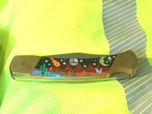 Schrade+ 70T One Blade Lock BackFolder, Custom scales by Jimmy Sabo, Western Sky