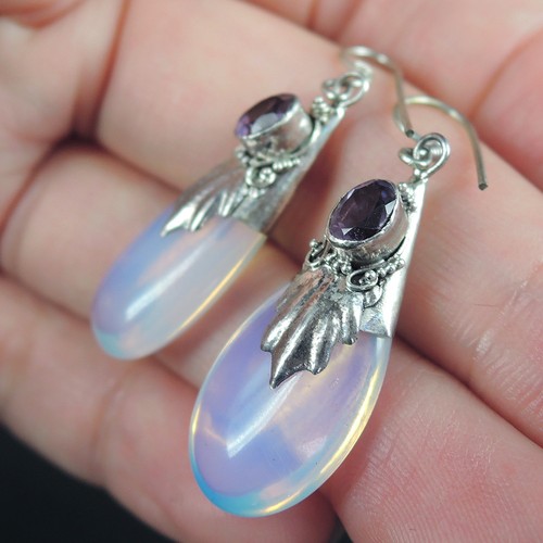 925 Sterling Silver Purple Amethyst & Opalite Earrings Hand Made Jewellery - Picture 3 of 6