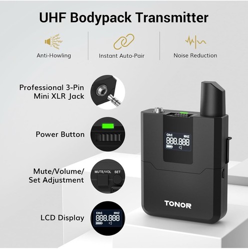 TONOR Wireless Mic System, UHF Mic Set 2xBodypack 2x lapel 2x ear 4ch TW362 New - Picture 5 of 7