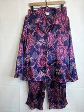 Jaclyn Smith Women’s Large Satin Floral Colored Print Button Down Pajamas Set