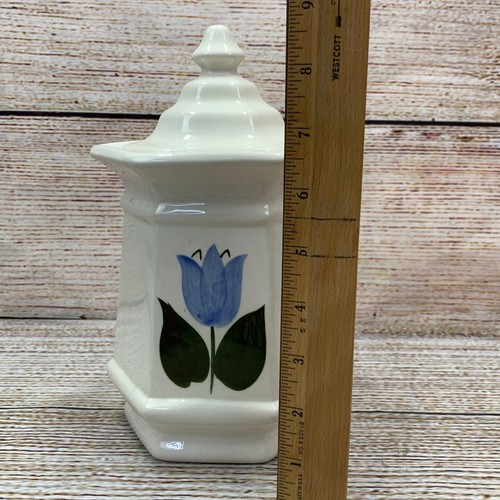 Vintage Stangl Pottery Covered Jar Trenton NJ White Blue Floral Tulip Decor - Picture 9 of 10