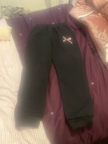 Girl Size 160cm 13-14yrs Joggers Shein/Temu Black With Pink Bow Print On Front