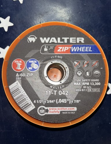 25 Disc: Walter 4-1/2” Zip Cut Off Wheel 4-1/2" x 3/64 x 7/8" Arbor   11-T 042 - Picture 1 of 10