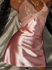 VTG SATIN SHINY Pink Babydoll Wide Spandex Floral Lace Shorty Flirty Chemise ML