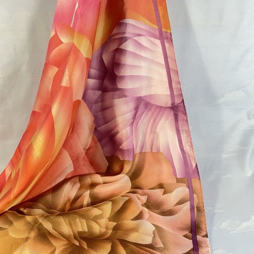 Liz Claiborne Scarf Bright Floral Pink Orange Brown Multi Silk 35” x 35” - Picture 7 of 8