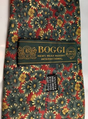 BOGGI Tie 100% Silk Red Green Yellow Floral Millefleur Elegant Luxury Italy