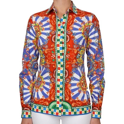 DOLCE & GABBANA Carretto Sicily Print Bluse Hemd Top Rot Blau IT 38 DE 34 XS - Bild 1 von 4