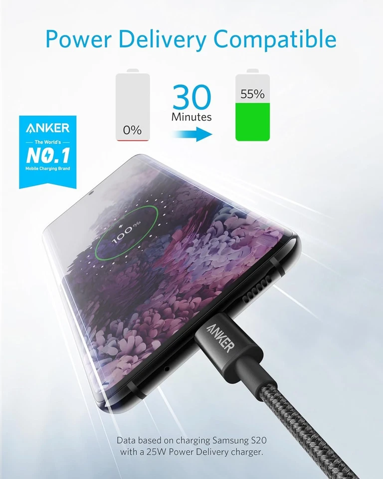 Anker Braided Nylon USB-C to USB-C Cable | Black | 60W | 6FT(180cm) |  PD | FAST - Image 2 of 4