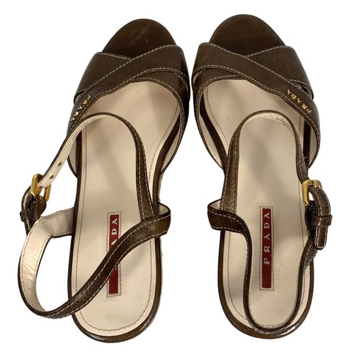 Sandalias de plataforma de cuña de corcho con tiras de cuero marrón PRADA TALLA 37 USADAS EN EXCELENTE ESTADO - Imagen 3 de 9
