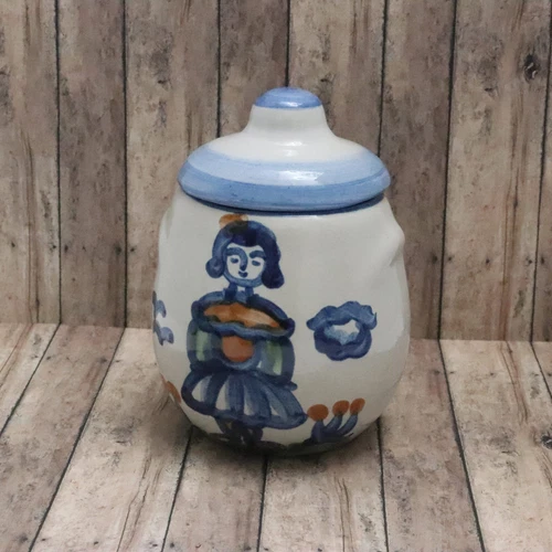 M A Hadley Pottery Sugar Bowl & Lid Country Scene Woman Farmer’s Wife 