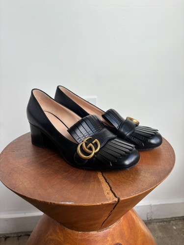 GUCCI GG Kiltie Black Fringe Tassel GG Marmont Loafer Block Heel Pumps 38.5/8.5 - Picture 2 of 6