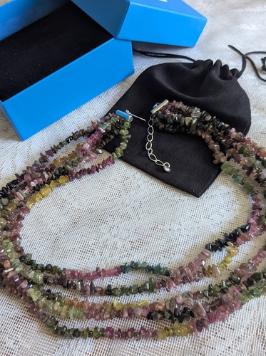 NATURAL 5 STRAND WATERMELON TOURMALINE BEADS NECKLACE STERLING SILVER - Picture 3 of 6