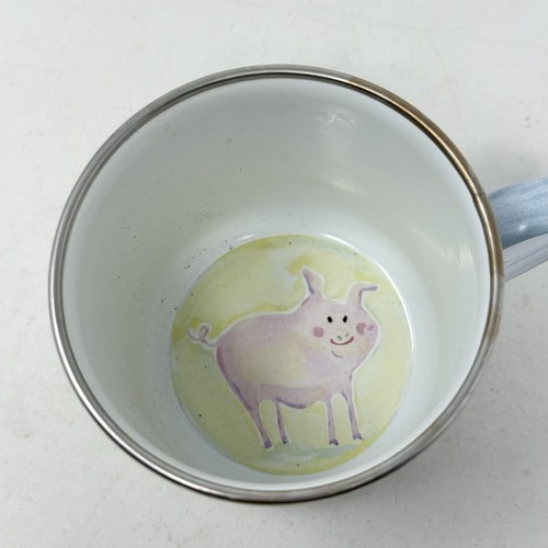 MacKenzie-Childs - Emaille Schwein Becher Tasse - gepunktet kariert blau lila Vintage Rarität - Bild 3 von 9