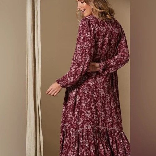 ISLE OF MINE Cherry Maroon Floral Long Sleeve Longline Duster Kimono NWT S/M - Picture 10 of 19