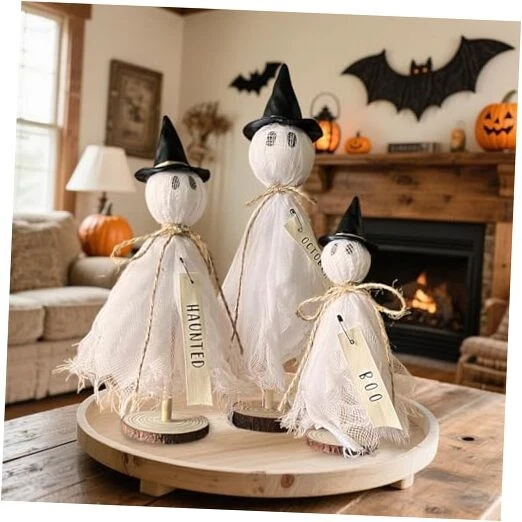 Halloween Decorations Indoor - 3 Set Primitive Halloween White Ghost With Hat