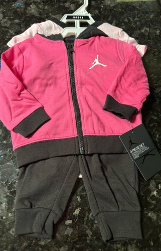 Nike Jordan Baby Girls 3piece Pink/ Black Outfit Hoodie Shirt Pants Size 6M NWT - Picture 1 of 9