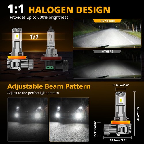 AUXBEAM LED H8 H16 H11 Fog Light Bulb White 6500K High Power 60W 16000LM Fanless - Picture 4 of 12