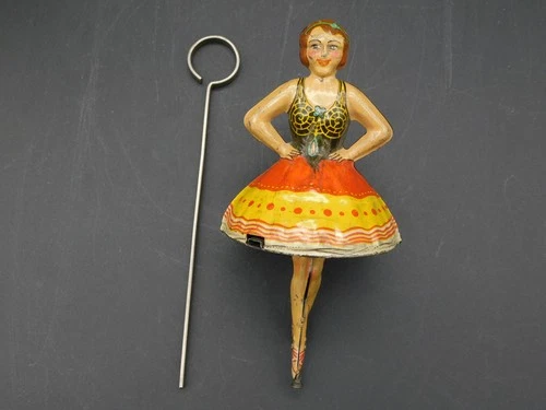 Vintage 1930s Marx Twinkle Toes Ballet Dancer Lithograph Tin Spinning Toy w/ Key